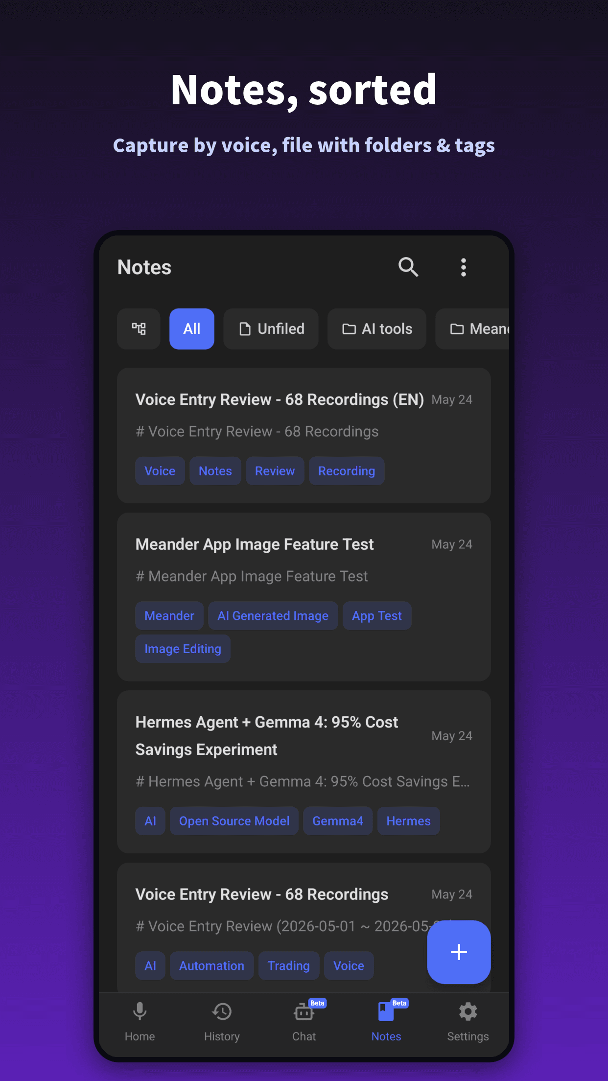 Notes, sorted — capture by voice, file with folders & tags